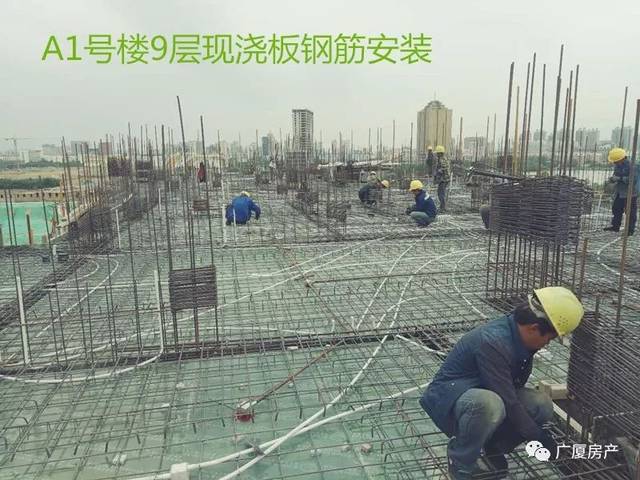 工人们正在进行现浇板钢筋安装,施工现场井然有序