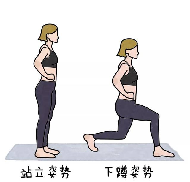 下蹲到后腿膝盖轻触地面时,双腿同时发力,驱动身体垂直站立,并收回前