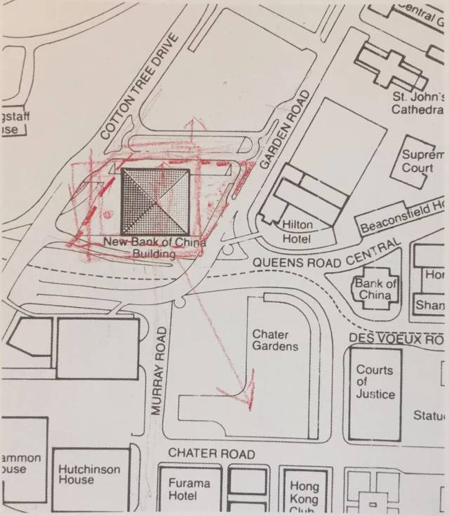 贝聿铭画的总平面形态的即兴草图 关于中银大厦特殊的四面体叠加的