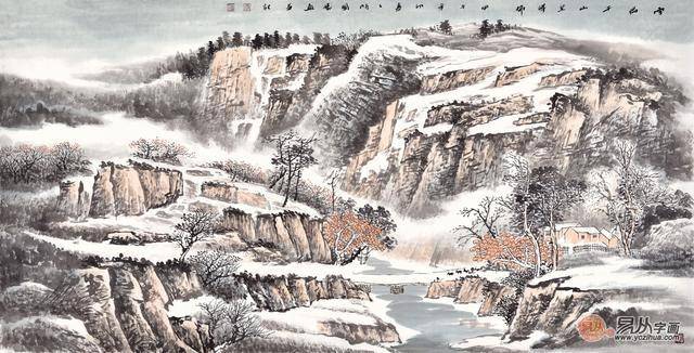 李国胜四尺横幅雪景山水画作品《雪满千山呈祥瑞》