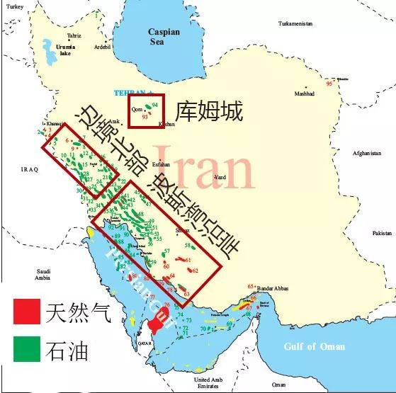 (伊朗石油天然气分布图.) c,伊朗石油,天然气和煤炭蕴藏丰富.