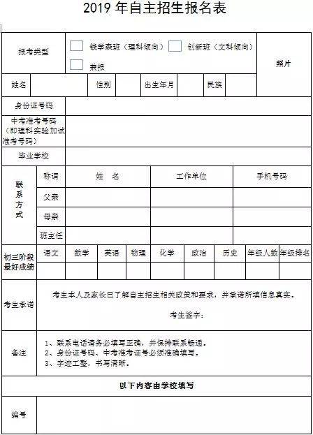 2019年淮南二中自主招生方案(报名表下载)
