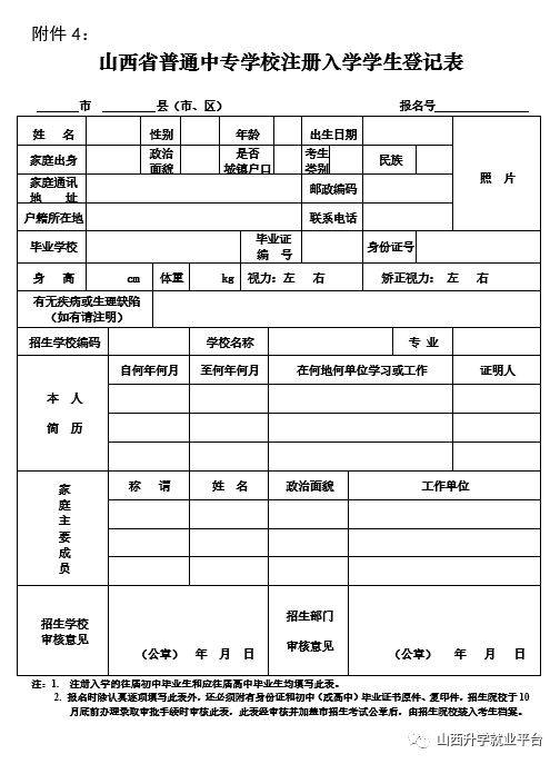 附件4:山西省普通中专学校注册入学学生登记表