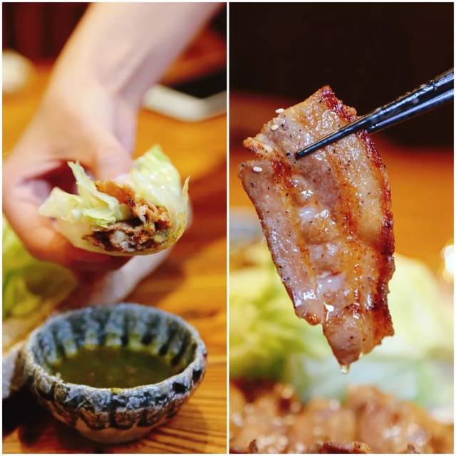 夹起一片五花肉包在生菜里,还要蘸点店里秘制的泰酱才算完美,泰酱里有