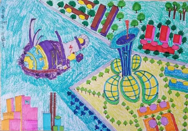 小画家 任金珂 11岁 未来的电厂可以兼具水力发电,风力发电,光伏