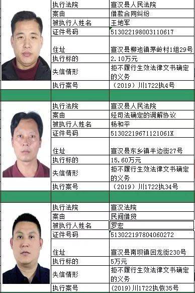 达川区,宣汉县发布一批失信被执行人名单