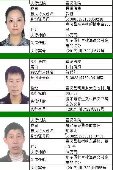 达川区宣汉县发布一批失信被执行人名单