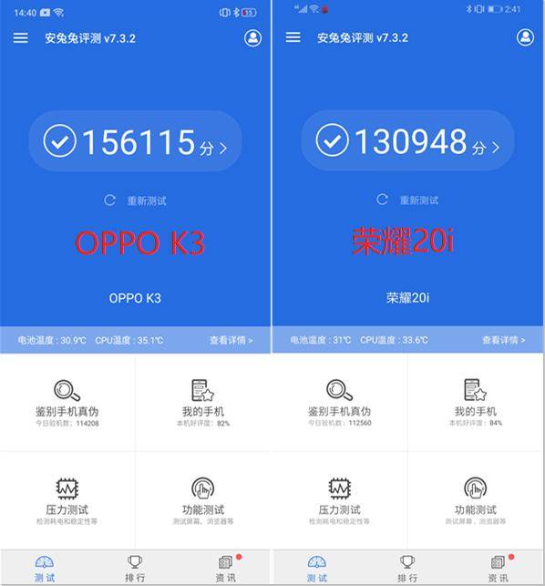 测试完跑分后,发现oppo k3的综合得分为156115分,荣耀20i为130948分