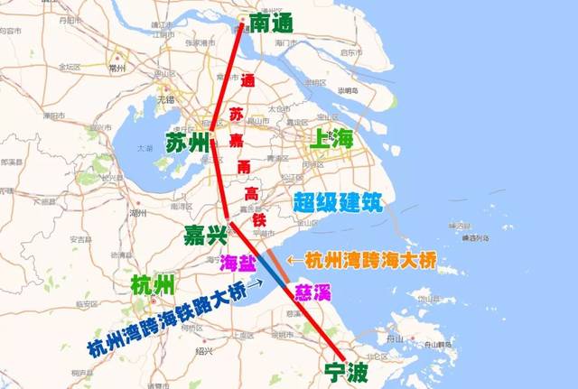 杭州湾跨海铁路大桥北起嘉兴海盐,南起宁波慈溪,是即将开建的通苏嘉甬