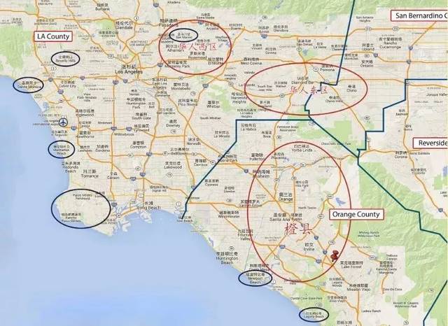 洛杉矶的华人大多分布在圣盖博谷西区,圣盖博谷东区以及橙县,具体位置