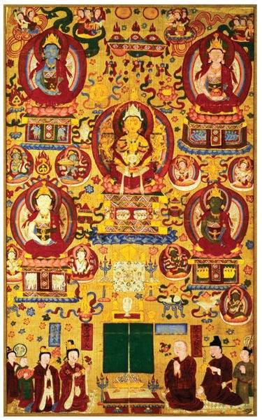 绢画 纵103厘米 横62厘米 现藏法国吉美博物馆 金色的大日如来居中