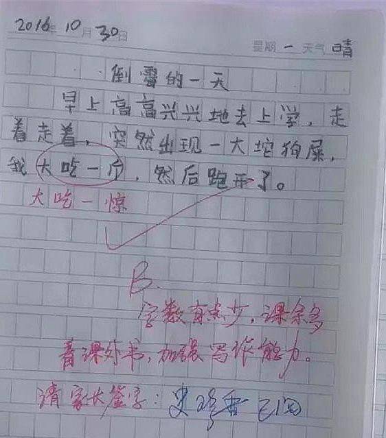 小学生作文:上学路上看到一坨够屎,我大吃一斤,家长签字更搞笑