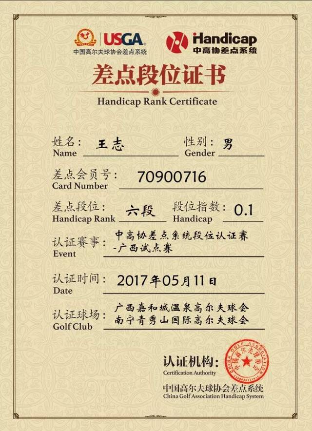 段位认证-中国业余高尔夫球员技术等级标准