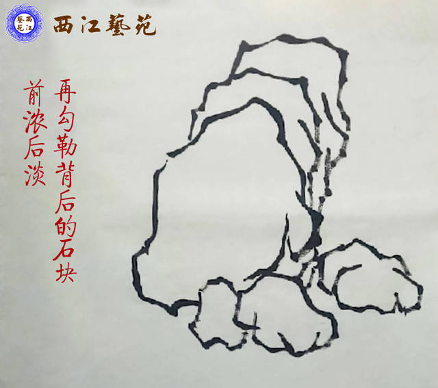 一,画山石的步骤:勾勒,皴擦,点染.