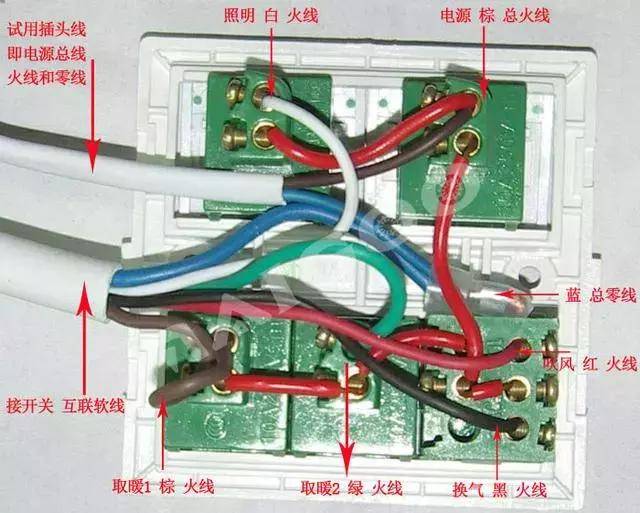 浴霸接线图 1,传统四灯浴霸接线图 厂商的电路图都没有具体到怎么