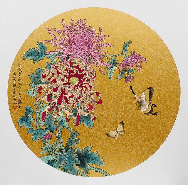 钟心悦 《菊花蛱蝶》 金箔团扇