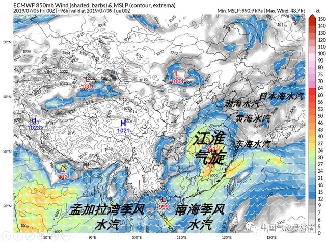 7月9日江淮气旋水汽补给来源示意图,中气爱根据ecmwf数据制作