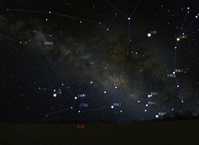 10 7月10日晚八点半土星在天空中的位置,其位于人马座.