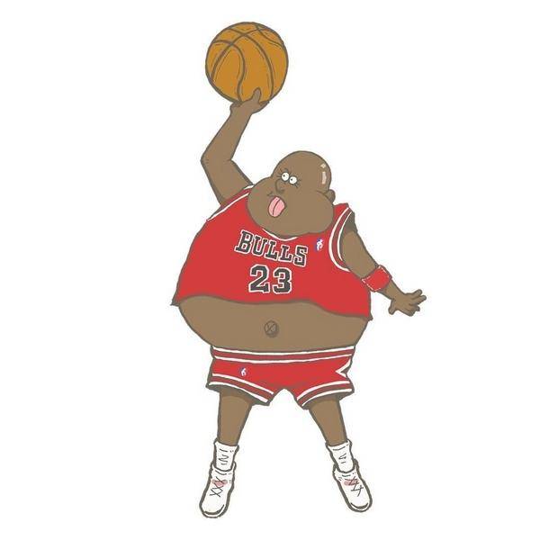 迈克尔-乔丹变成400斤大胖子,身穿芝加哥公牛队的23号球衣,单手劈扣.