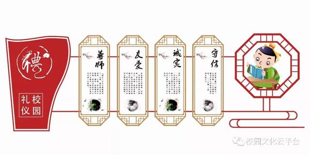 (2)在校园的显著位置,校园橱窗,各班教室中展示"三风一训"的内容,设计