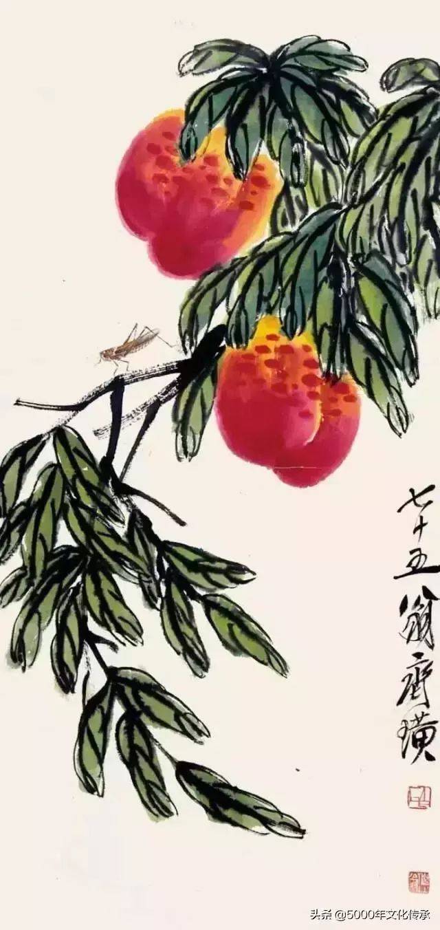 桃子——福寿吉祥 齐白石画桃,先以没骨大写意法直接用洋红泼写硕大桃