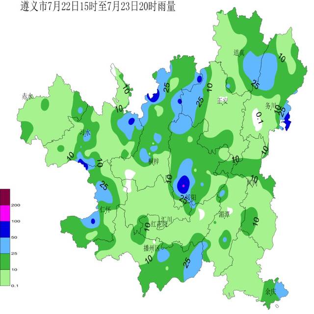 ( 遵义市7月22日15时至23日20时降水分布图)