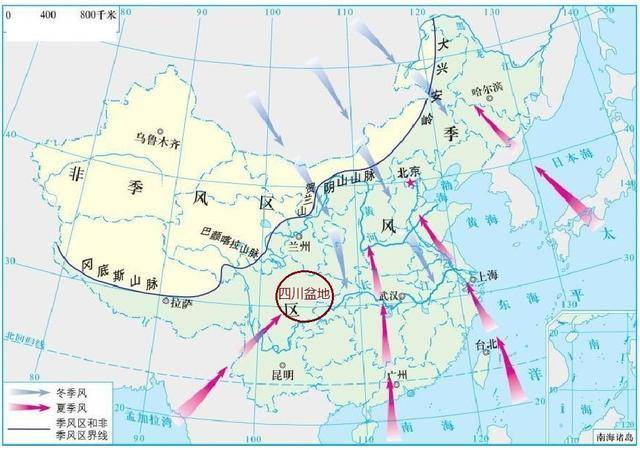 我国的季风区分布图