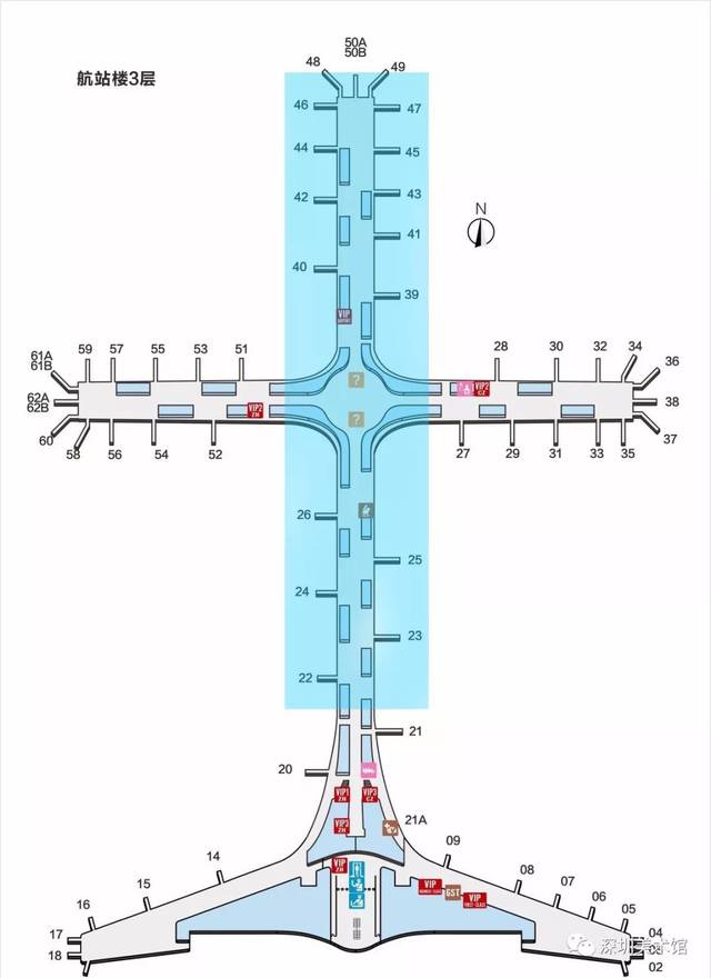 展示区域为航站楼出发三层南北轴向各登机口两侧(蓝色区域).