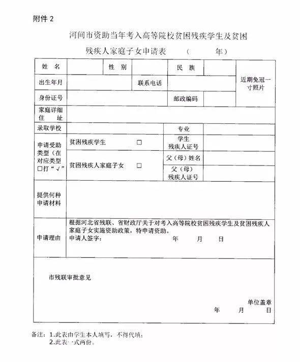 河北省资助当年考入高等院校贫困残疾学生及贫困残疾人家庭子女申请表