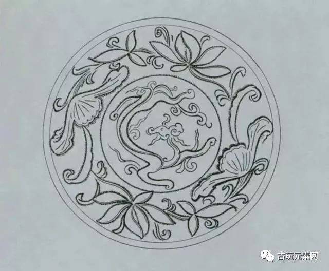 北宋定窑 莲瓣划花莲荷螭纹盘 十一世纪～十二世纪初 线描图