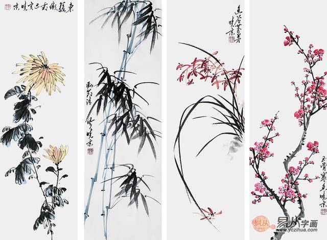 四联画 郑晓京国画花中四君子《梅兰竹菊四条屏》(作品选自:易从网)