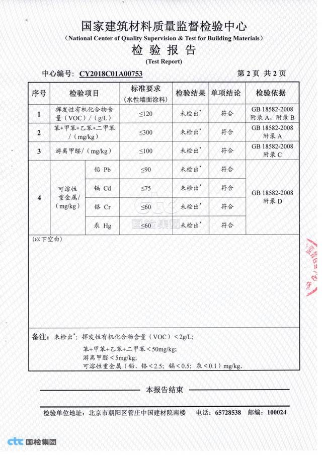 内墙漆检测报告 (来源:国家建筑材料质量监督检测中心) 零voc涂料