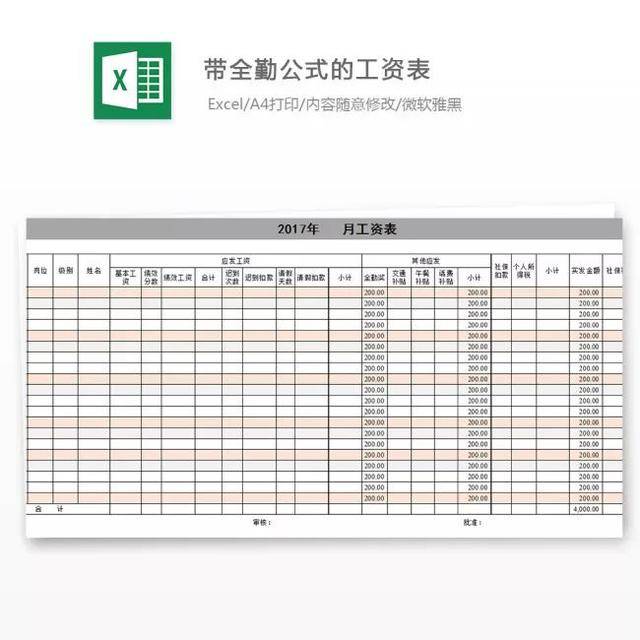 报税),带全勤公式的工资表,工资管理系统,考勤工资统计表,工资条模板