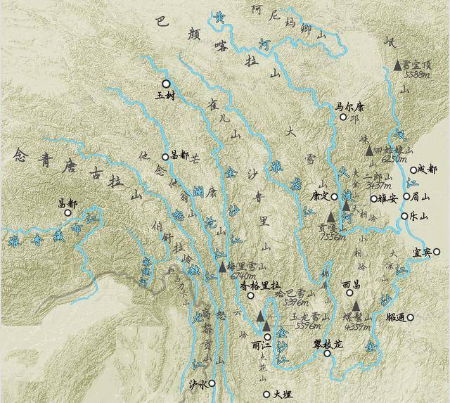 横断山区山脉和河流分布图