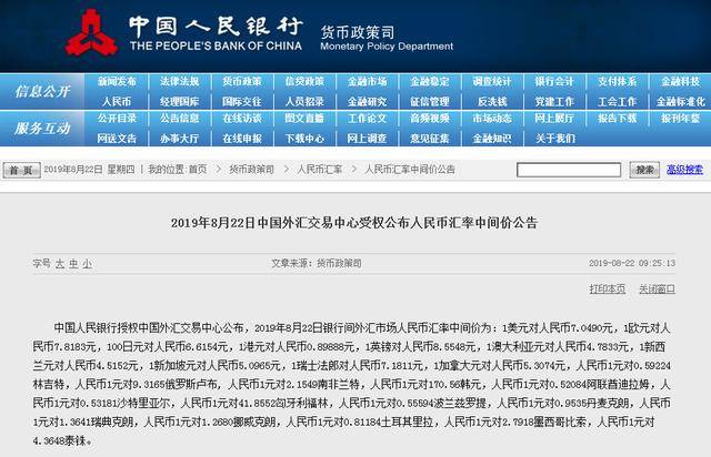 2019年8月22日中国外汇交易中心受权公布