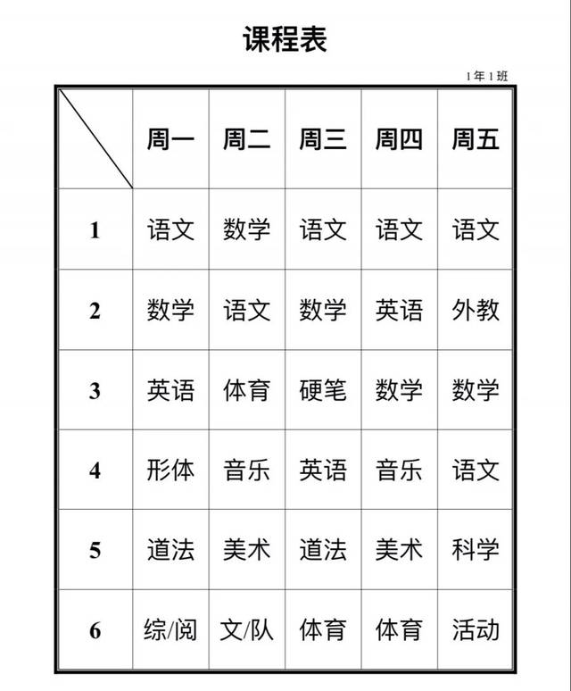 小学一年级课程表