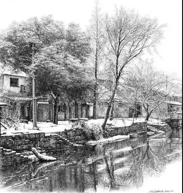 钢笔画:房屋和风景