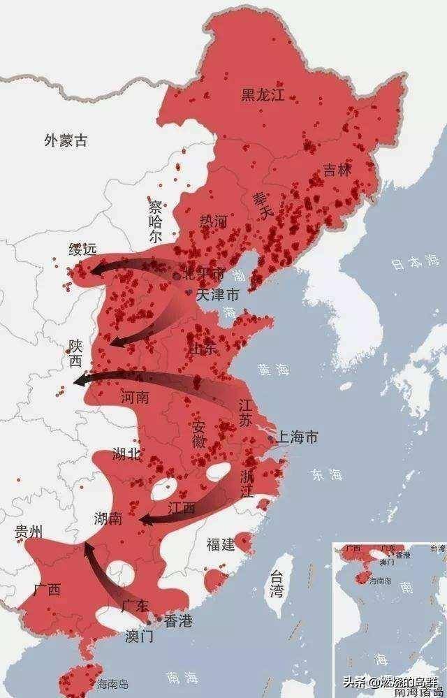 图9. 全面抗战的日军进攻路线图,在上海出击改变了日本的北南攻势路线