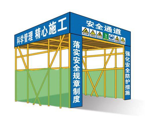 (五)施工电梯安全通道防护棚一般是9米长,6米宽,3米高,建筑物超过10