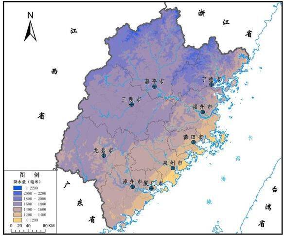 (福建省多年平均降水空间分布图)