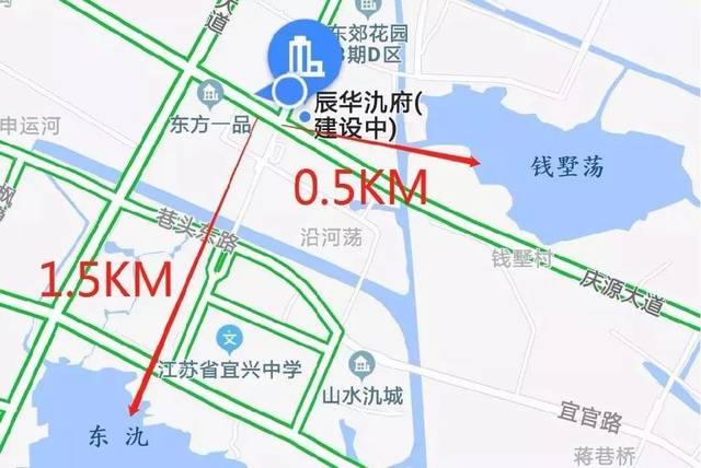 (辰华氿府距东氿及钱墅荡距离示意图)