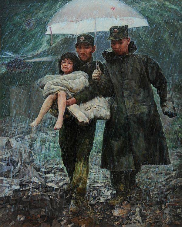 在表现山东泰安东平湖抗洪抢险的武警官兵的油画《永不溃决的心坝》