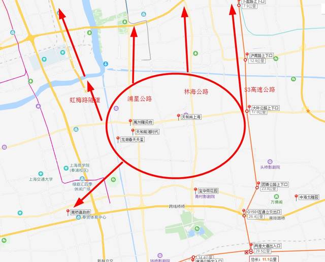 出s3大叶公路出口还包括林海公路,浦星公路;一共3条主要交通要道汇集