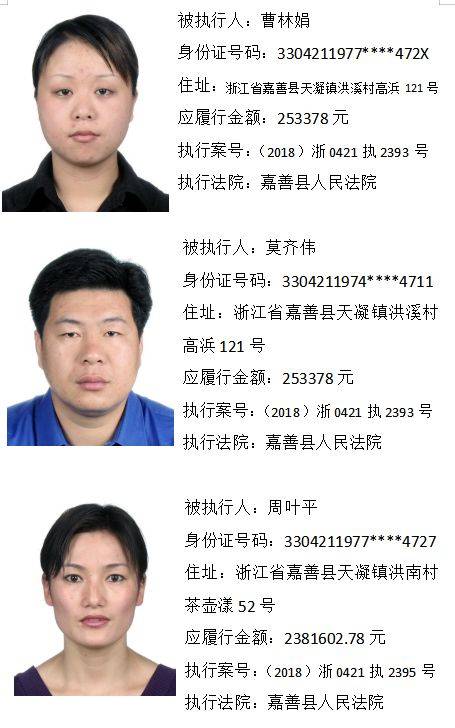 【嘉兴法院发布最新"老赖"名单】共600余名 附高清照片详细地址