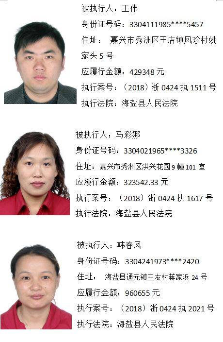 嘉兴法院发布最新"老赖"名单,附高清照片详细地址,余新也有!