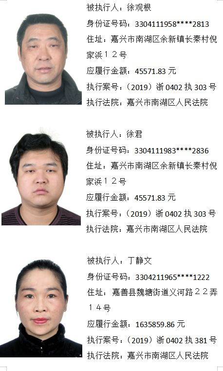 嘉兴法院发布最新"老赖"名单,附高清照片详细地址,余新也有!