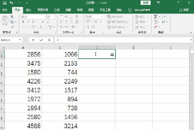 在单元格c1中输入 