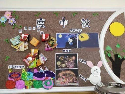 中秋节环创 | 幼儿园教室主题墙布置,活动展板,粘土月饼,手抄报参考