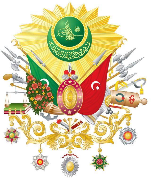 诞生于1882年的奥斯曼帝国国徽,红星月旗象征奥斯曼帝国,绿新月旗