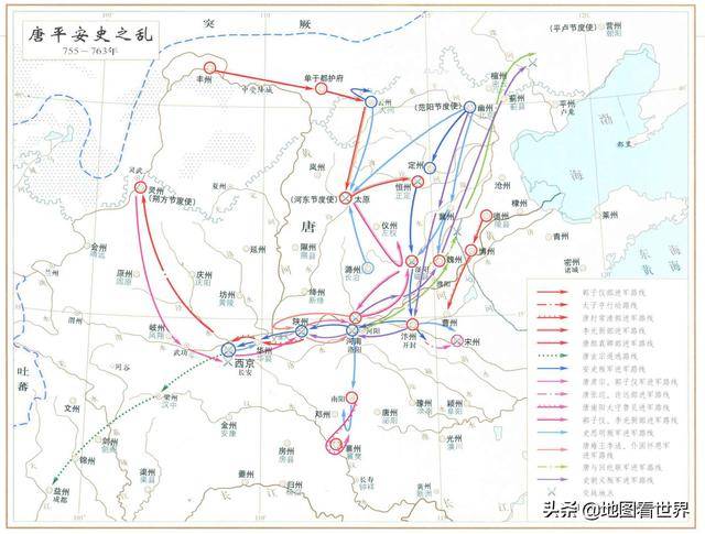 藩镇割据形势图 长达八年时间的安史之乱使得唐朝元气大伤,从此由盛转